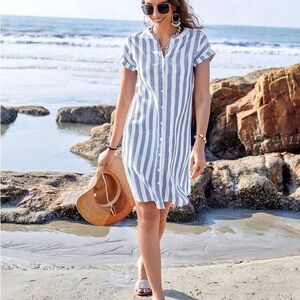 Striped Button-Front Midi Dress, White and Navy
